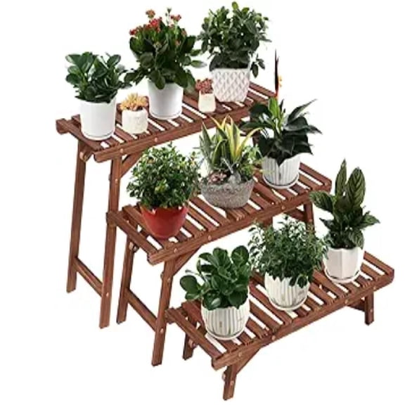 Freestanding 3 Tier Ladder Shelf Wood Plant Stand Indoor Outdoor Plant Display Rack Flower Pot Holder Planter Organizer