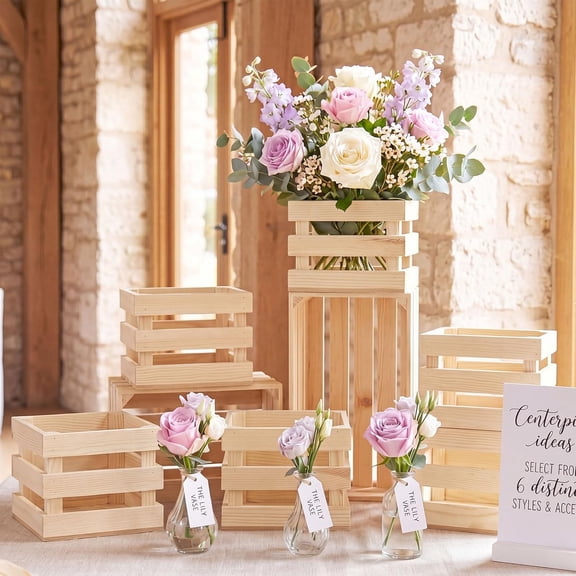 6 Pcs Wooden Vase for Centerpieces Vintage Wood Storage Crates Boxes Design Farmhouse Decorative Wedding Flower Baskets Table Centerpieces Woodland Party for Baby Shower Art Craft (Natural)