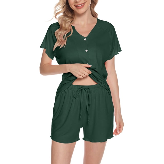 Besolor Womens Pajamas Ribbed Knit V Neck Short Sleeve Button down Top and Drawstring Shorts Sets Sleepwear