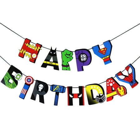 Avengers Superhero Birthday Flag, Spider-Man Thor Hulk Paper Banner