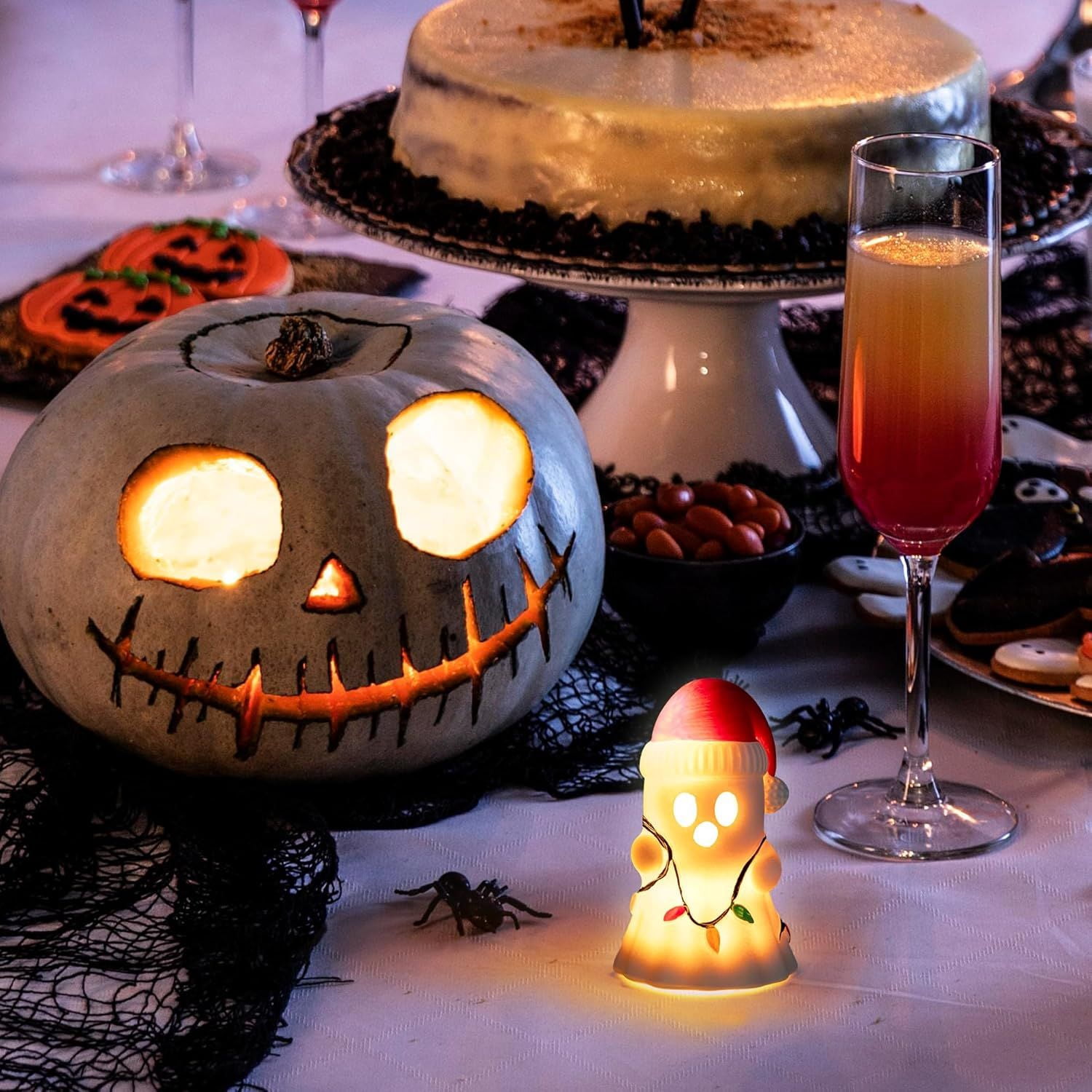 Christmas Ghost Decor, Halloween White Ghost with Santa Hat Led Night Light Little Boo Figurine Statue Festival Lamp Table Topper Decoration for Home Garden Room Halloween Xmas Decor Supplies