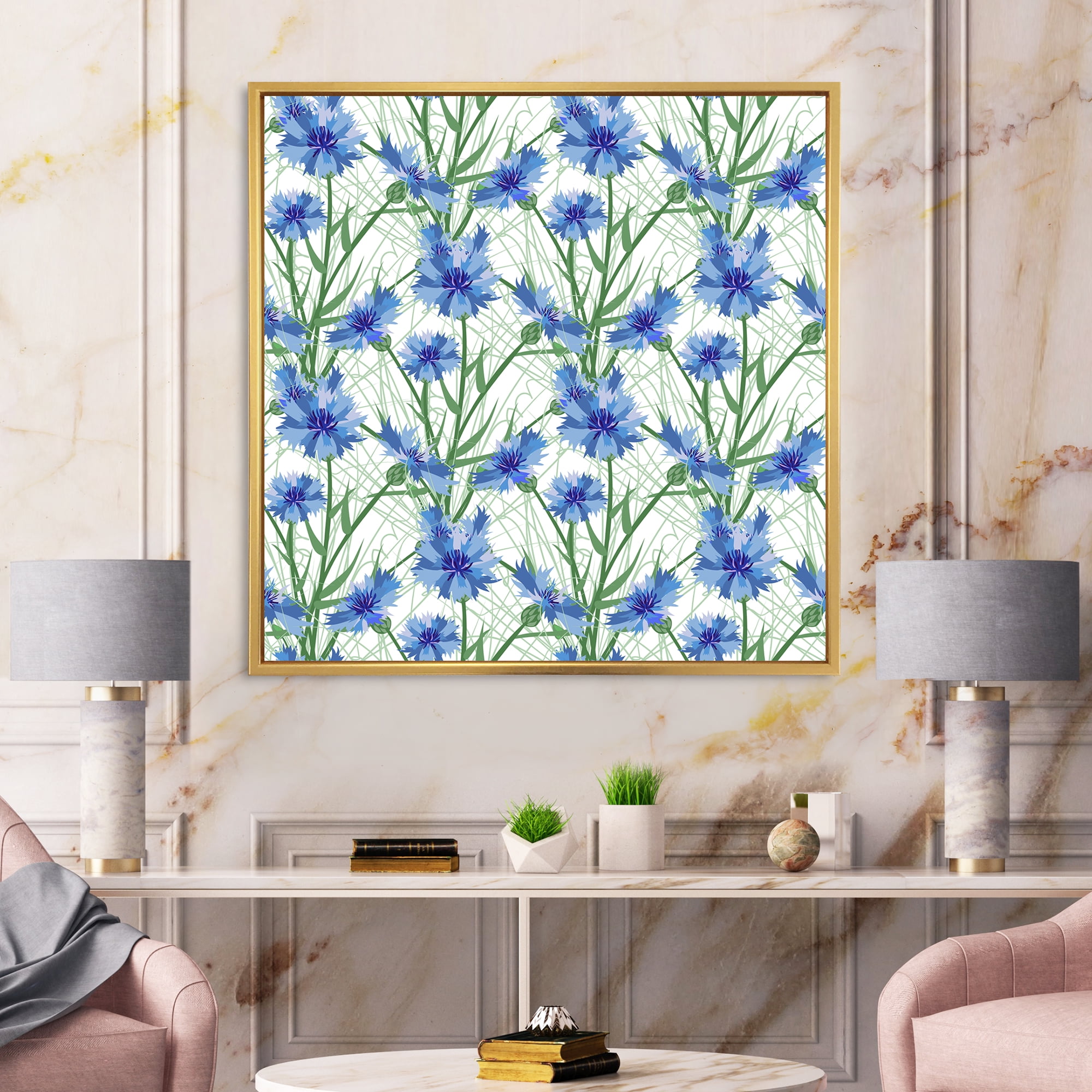 Designart 'Blue Cornflowers With Green Leaves On White I' Traditional Framed Canvas Wall Art Print