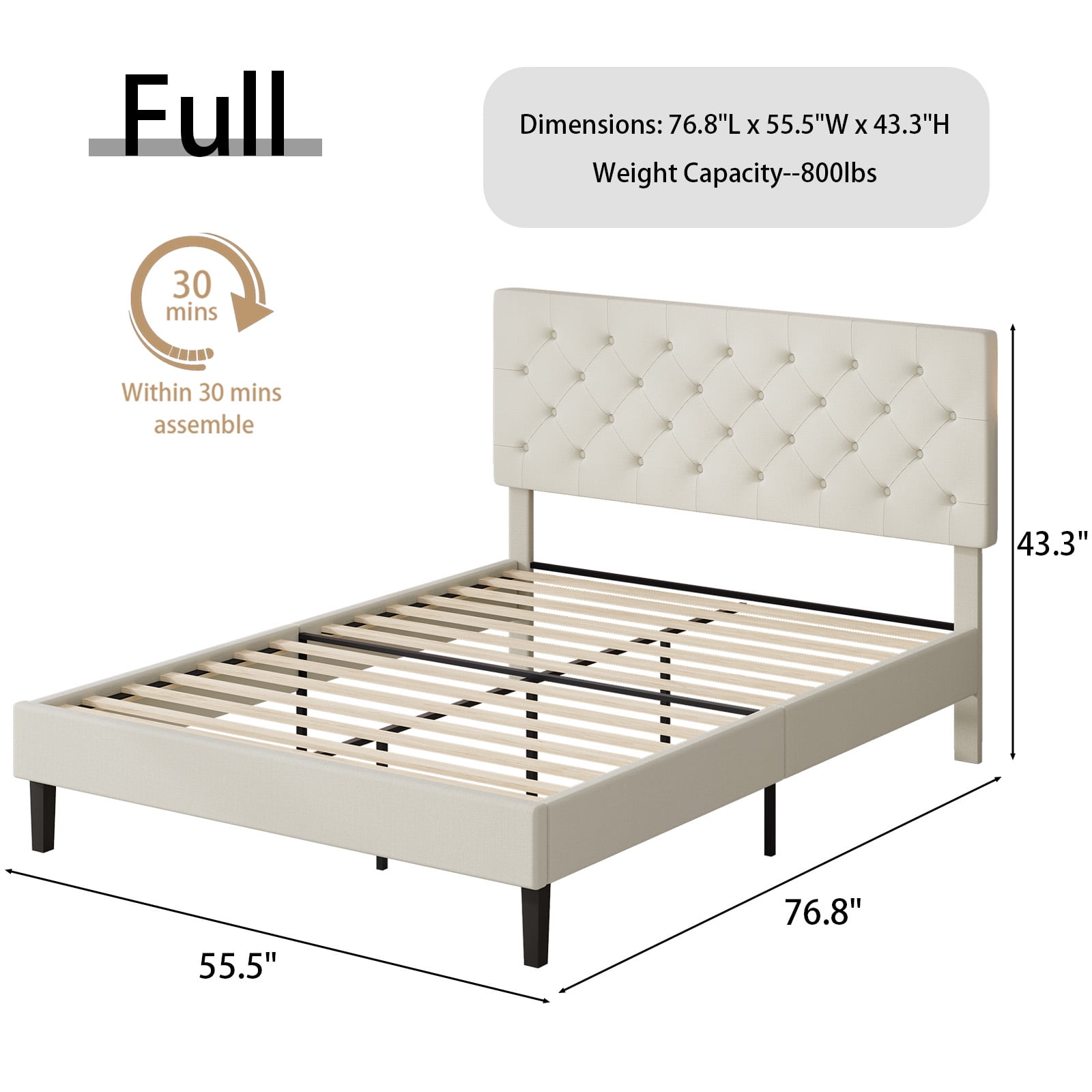 4 Ever Winner Full Size Upholstered Platform Bed Frame with Headboard, Cream