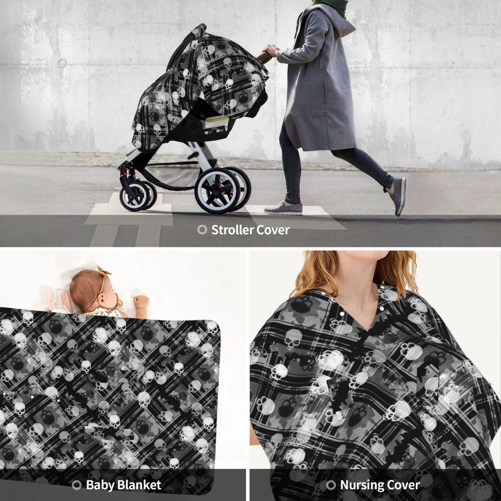 Car Seat Cover Baby - black and white Skulls Breathable Infant Car Seat Cover for Baby Carseat, Lightweight Comfort Baby Essentials Must Haves Newborn Stuff for Girl Boy