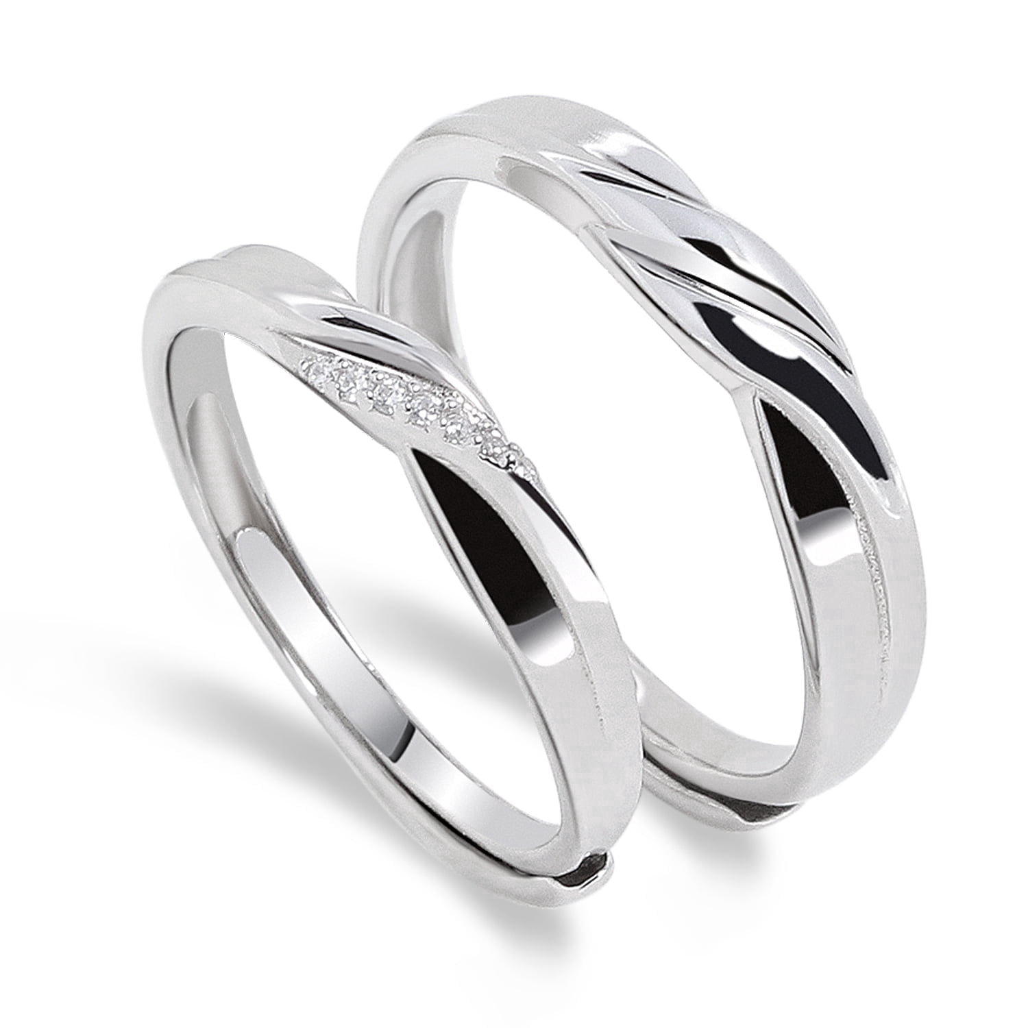 Meissa His and Hers Couple Rings Set, Silver Matching Wedding Bands with CZ, Adjustable Promise Rings for Women and Men, Anniversary Engagement Jewelry Gift
