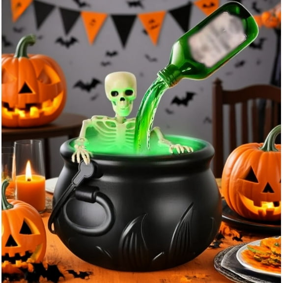 Magical Floating Potion Set With Witches Cauldron & Skeleton Halloween Decorations Spooky Vintage Black Plastic Bowl For Home Table Mantel
