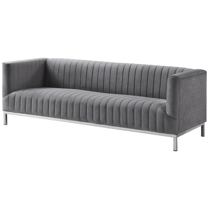 Brika Home Velvet Tufted Tuxedo Sofa in Gray and Chrome