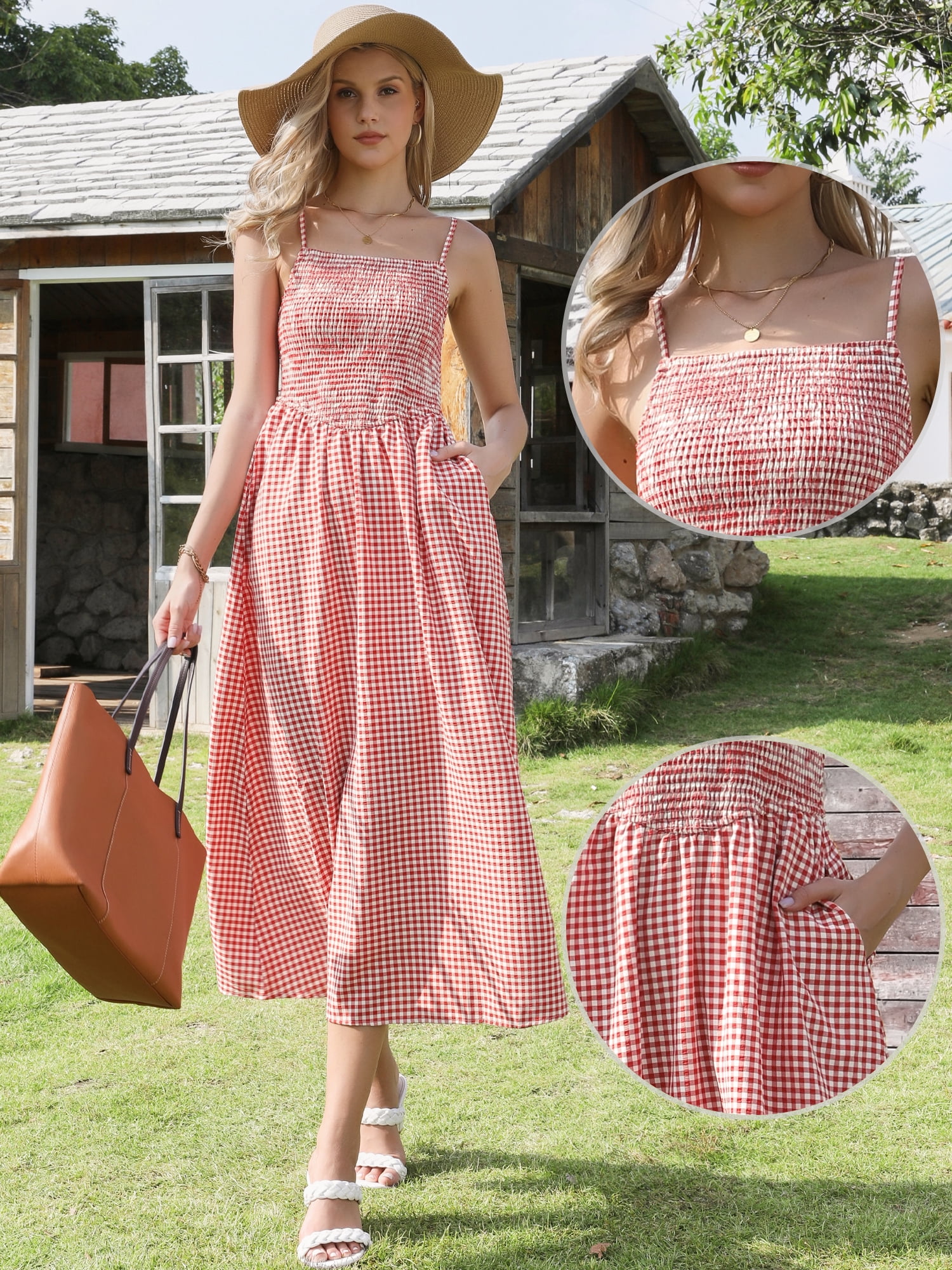 DARING DIVA Women's Gingham Spaghetti Strap Flowy Plaid Smocked Dress XL Red