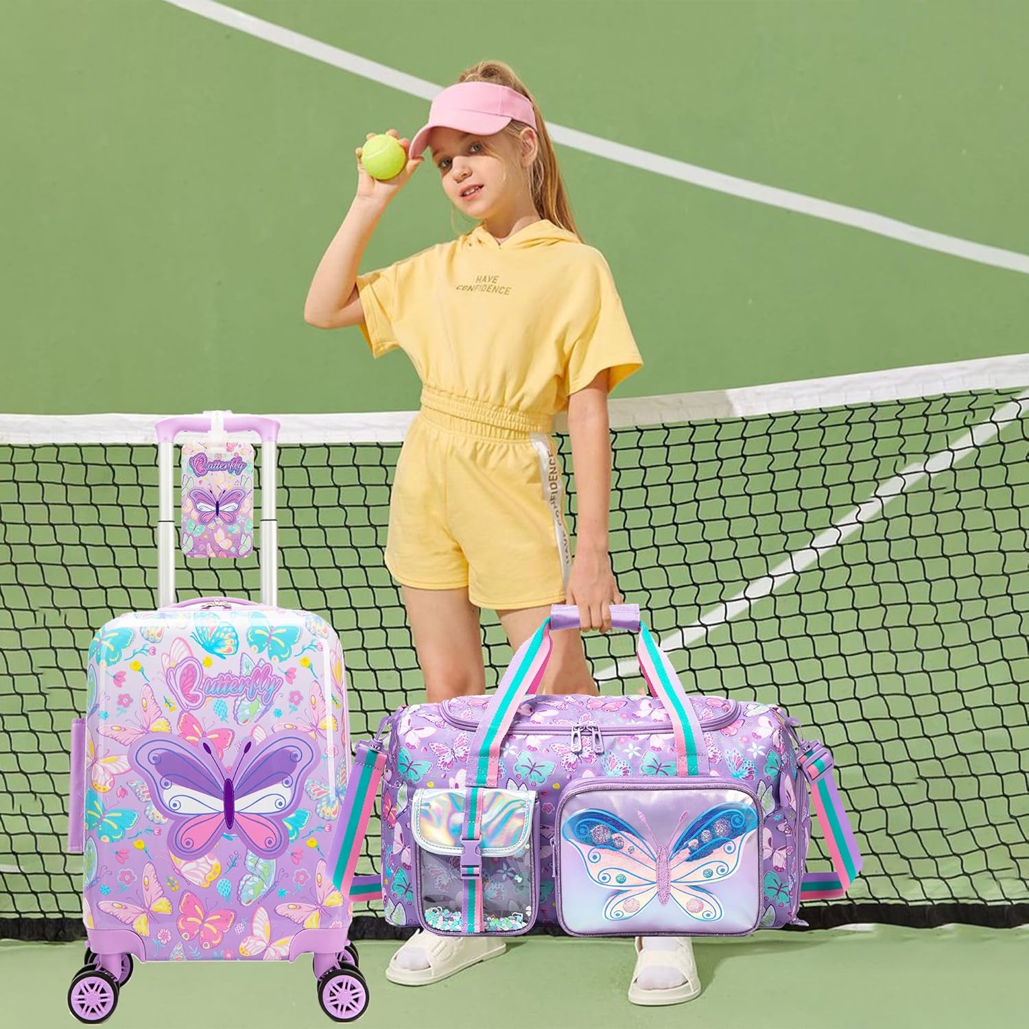 Kids Carry on Luggage Sets for Girls Hard Shell Suitcases with Wheels Hardshell Suitcase with Duffle Bag for Travel Neck Pillow Airplane Butterfly