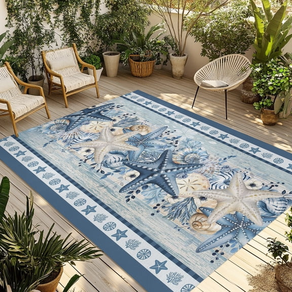 Navy Blue Starfish Coastal Outdoor Rug 4x6 ft Beach Botanical Coral Nautical Non Slip Patio Rug Washable Absorbent Large Outdoor Carpet Outside Mat for Porch RV Garden Camping