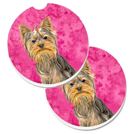 Pink Coaster - Pink Yorkie & Yorkshire Terrier Set of 2 Cup Holder Car Coasters
