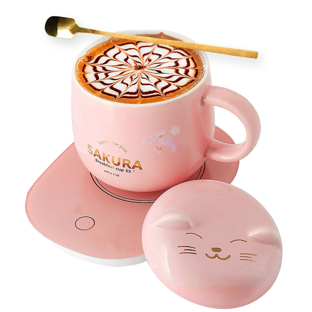 Pink Coffee Mug Warmer, Smart Coffee Cup Warmer for Desk Auto Shut Off with  Gravity Temperature Control Function and Cat and Cherry Flower Pattern,  Ideas Christmas Gifts 