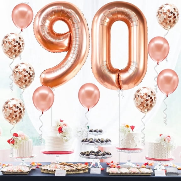 12Pcs Rose Gold 90th Birthday Party Decorations 32Inch Number 90 Foil Balloons 12Inch Latex Confetti Balloons for 90 Year Old Women Lady Birthday Anniversary Party Home Decorations Supplies