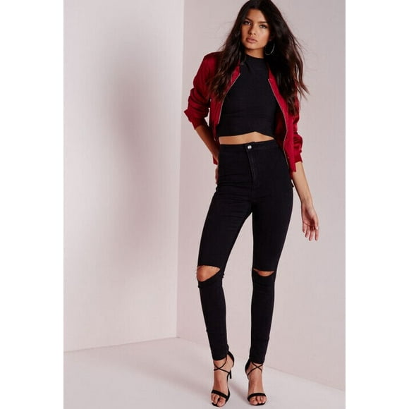 MISSGUIDED VICE HIGHWAISTED SLASH RIPPED KNEE SKINNY JEANS BLACK UK8/US4 26