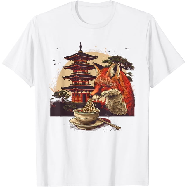Fox Eating Ramen Pagoda Tower Bonsai Tree Fox Ramen Bowl Camiseta