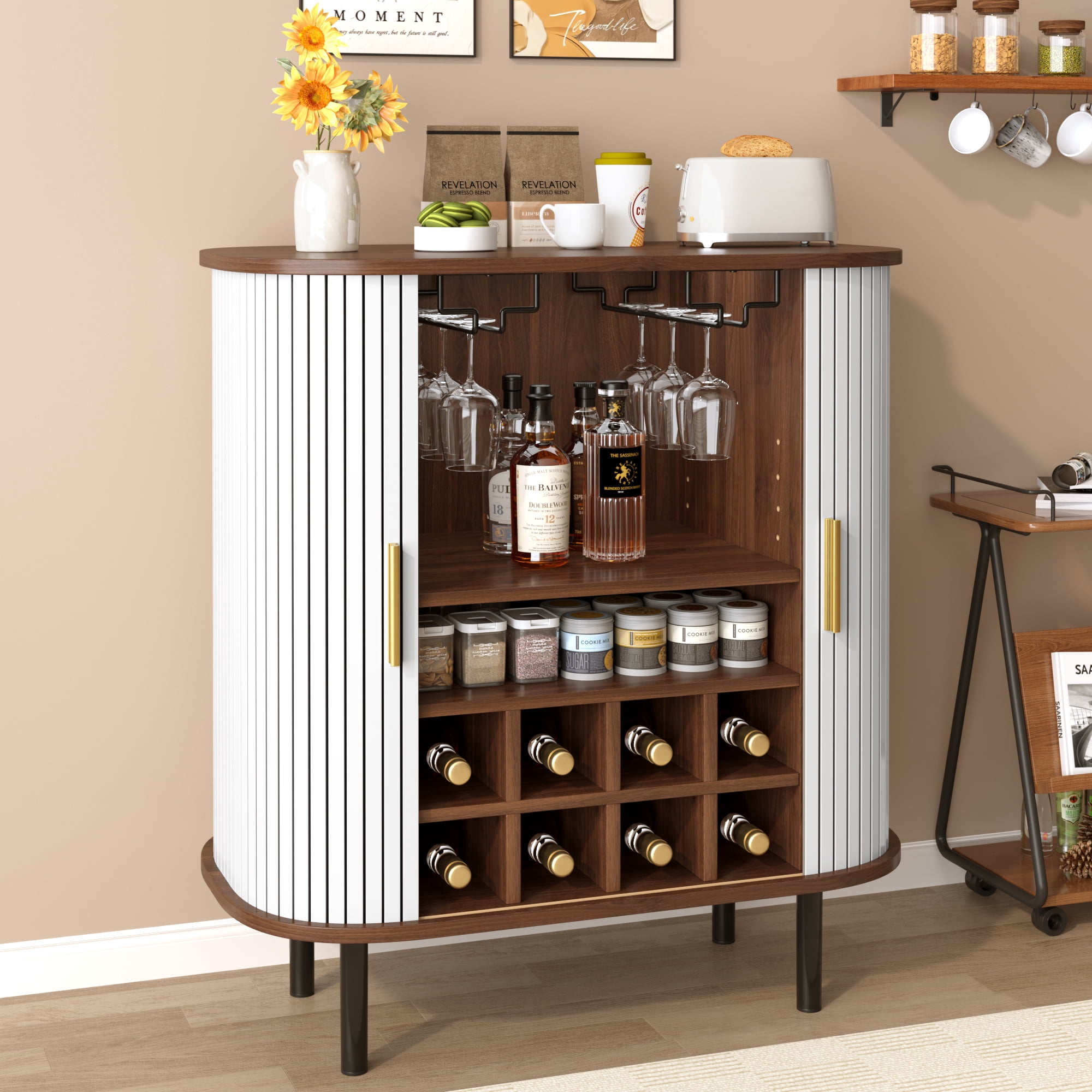 Mintazer 28" Modern Wine Bar Cabinet with Fluted Doors & Drawer, Storage Cabinet with 6 Wine Racks and 3 Glass Holders for Kitchen Living Room, White