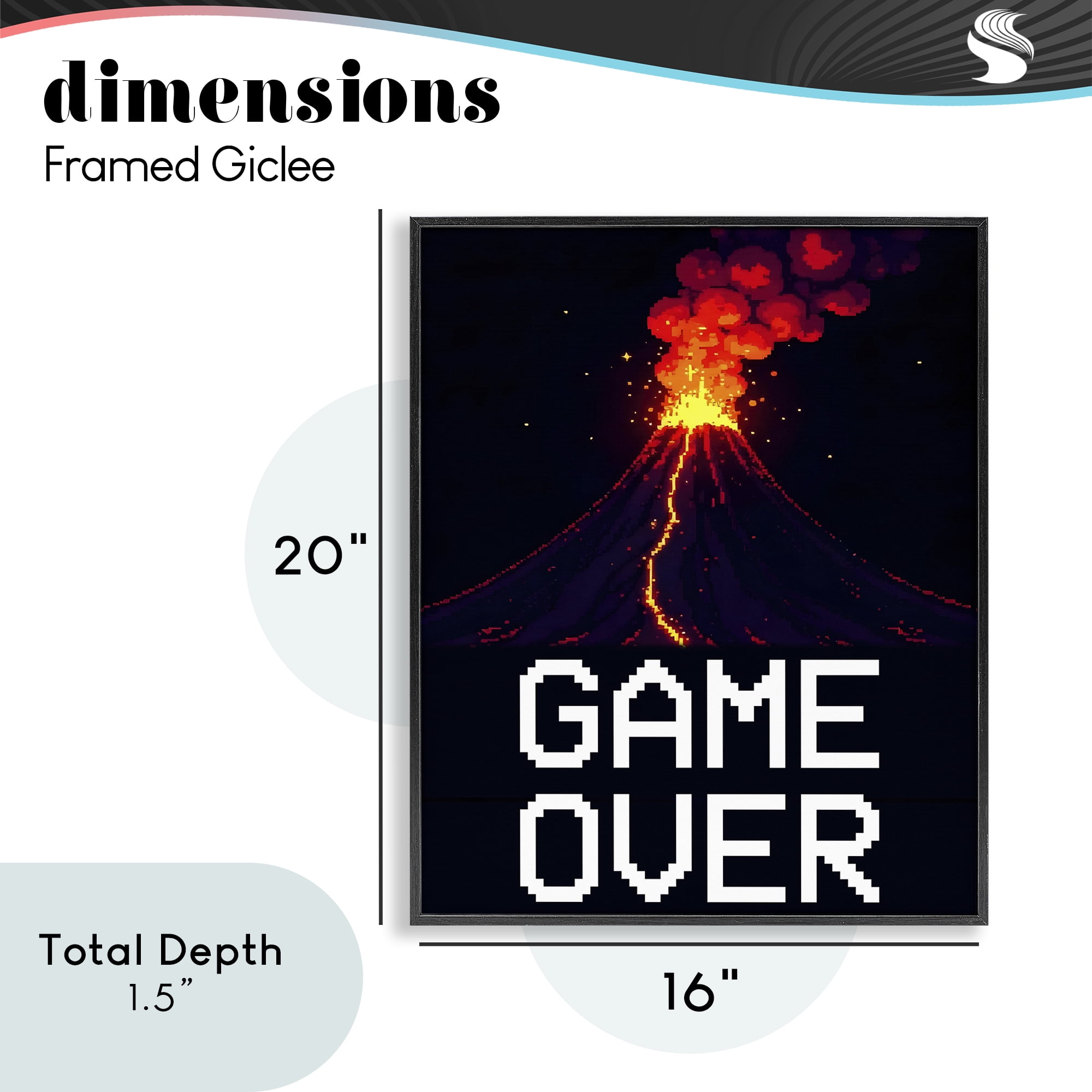 Pixel Volcano Game Over Black Framed Giclee Art, design by Kim Allen