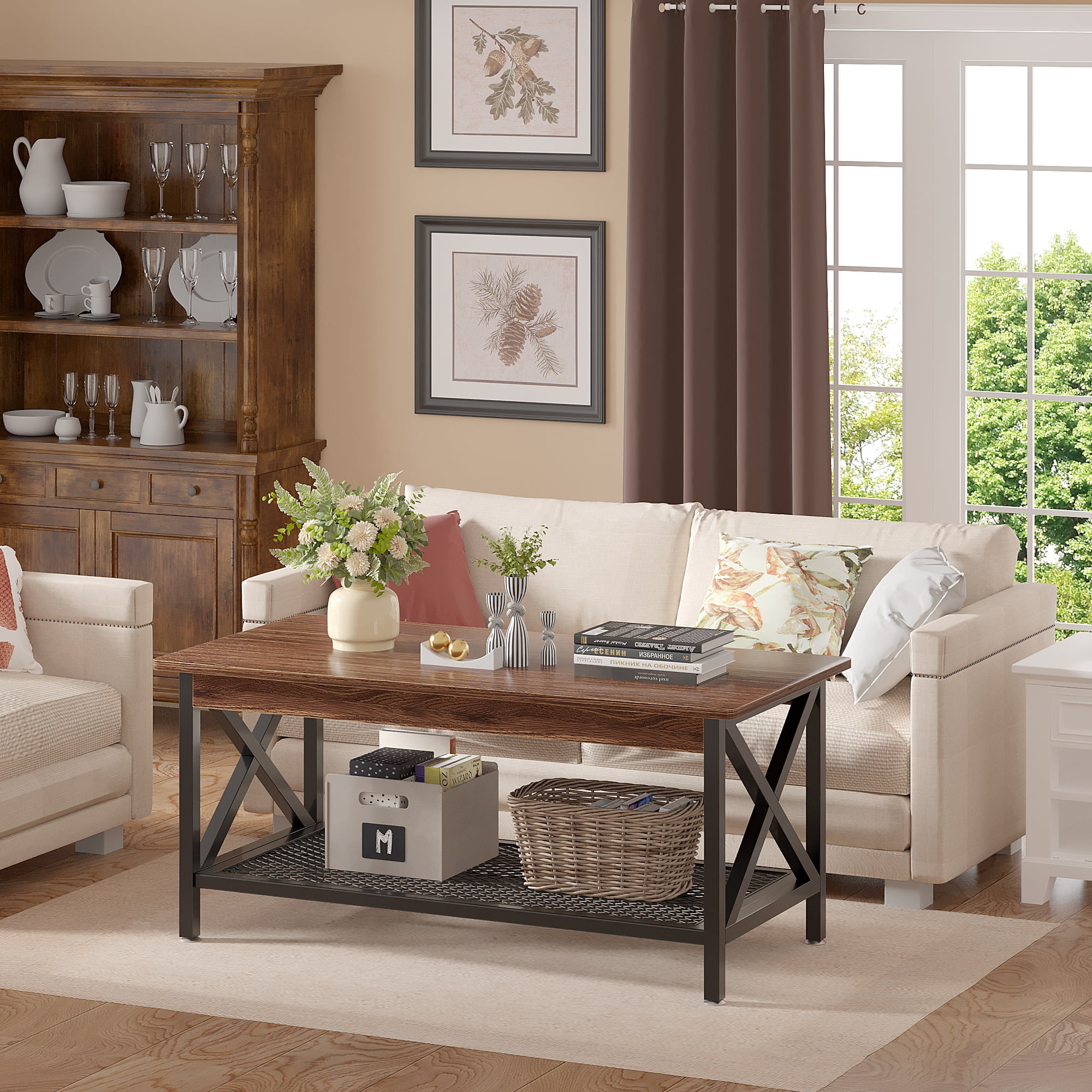 VECELO Wood Coffee Table, Industrial Style Rectangle Table with
