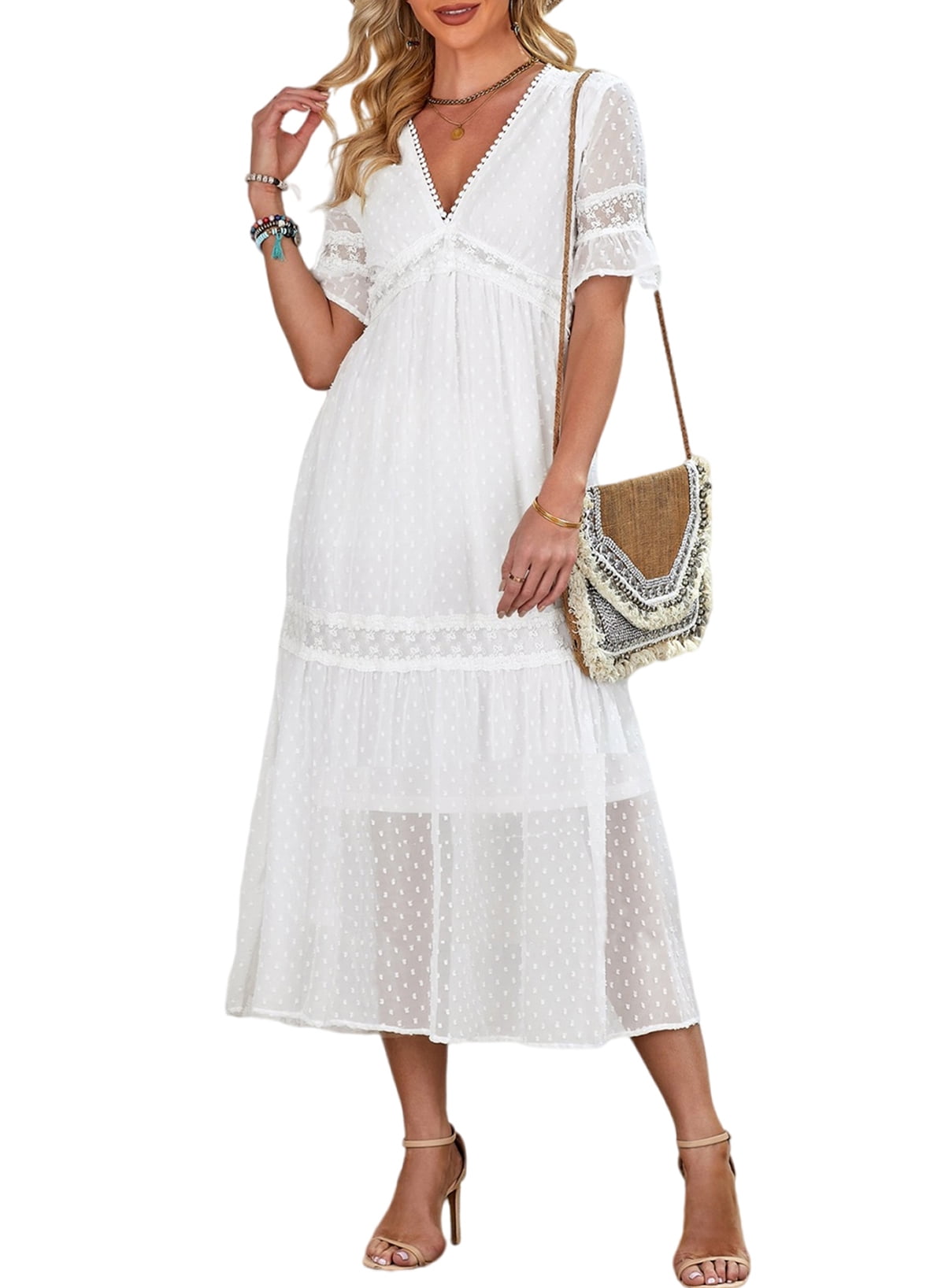 Asvivid Women's White Maxi Dress V Neck Lace Short Sleeve Swiss Dot