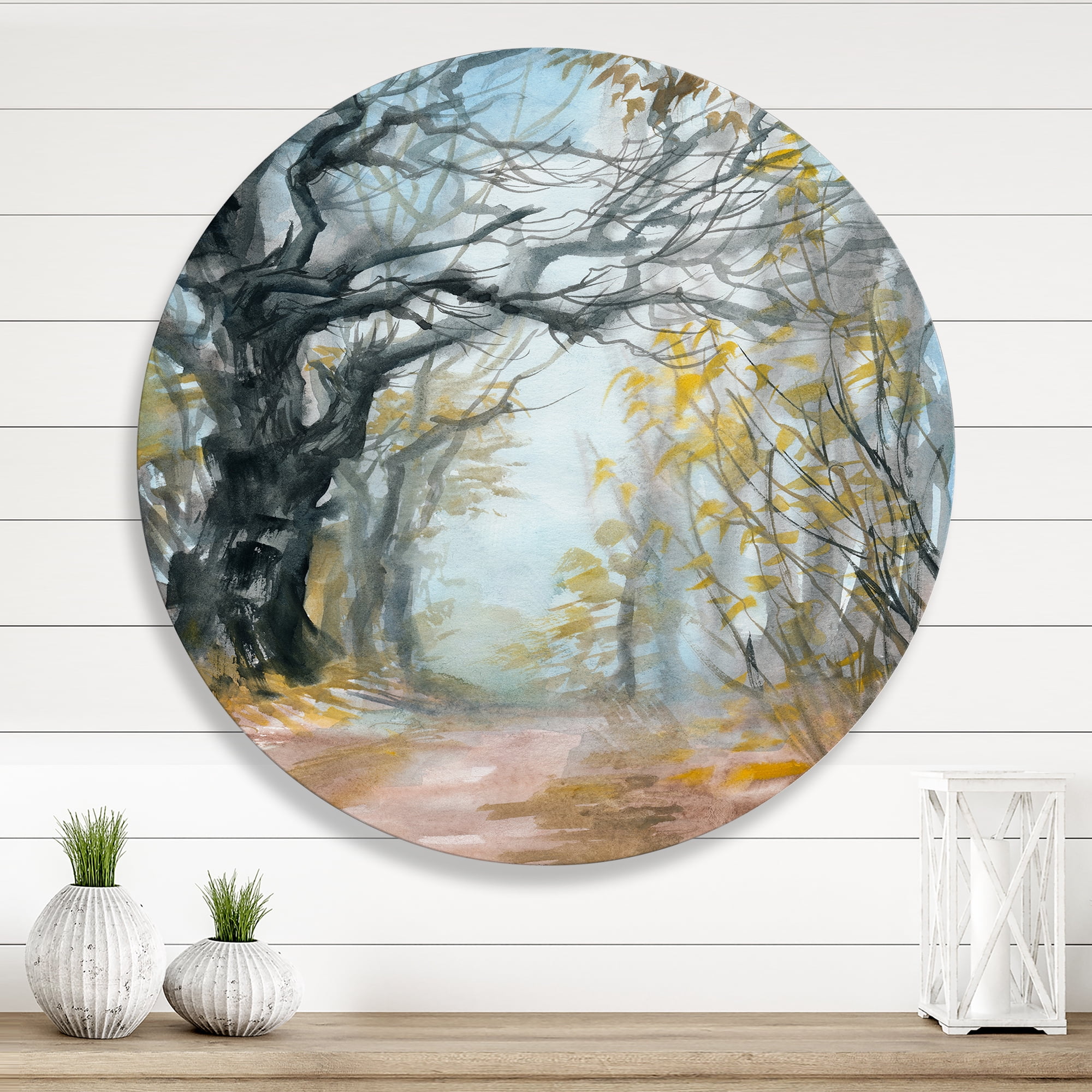 Designart 'Autumn in Misty Forest' Lake House Circle Metal Wall Art 23x23 - Disc of 23