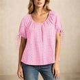 thumbnail image 5 of Edvintorg Button Up Shirt Women Plaid Printed Crew Neck Short Sleeve Loose Casual Blouses Summer Tops for Women Pink XXL, 5 of 8