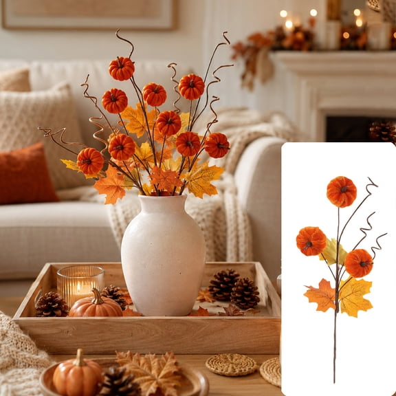 Linnome Fall Simulated Pumpkin Branch Decor Artificial Berry Plastic Stem Garland for Mantel Dining Table Autumn Harvest Home Ornament 17.71x5.91x3.94in