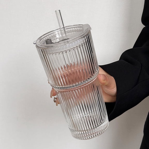 Large Capacity Stripe Glass Coffee Cup With Lid Cover Straw Transparent Drinking Glasses For Juice Iced Coffee Mugs Drinkware