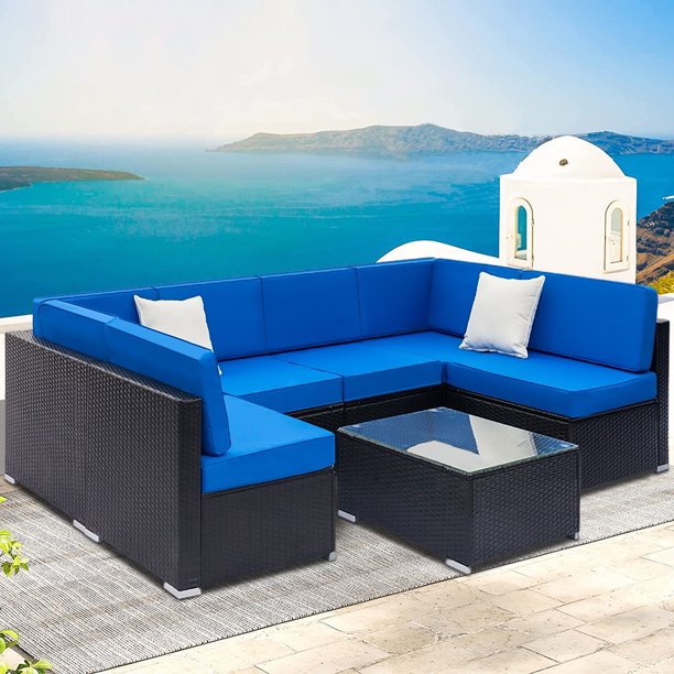 7 Piece Patio Dining Set, with 6 PE Rattan Chairs and 1 Coffee Table