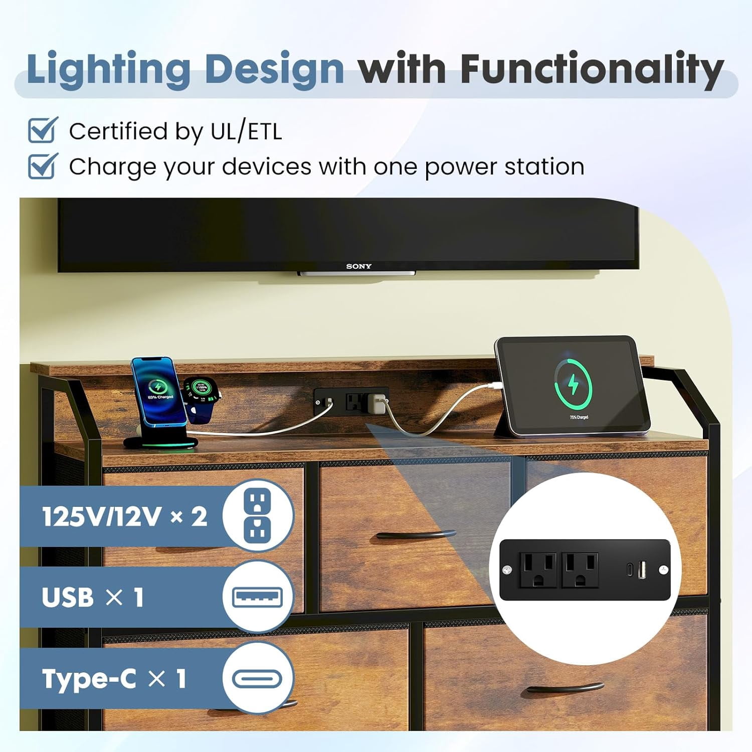 Betcozy 9 Drawer TV Stand with LED Lights & Power Outlet, 35" Tall Dresser for Bedroom & Living Room, Entertainment Center with Charging Station, 1.5mm Heavy-Duty Frame Storage Tower, Brown
