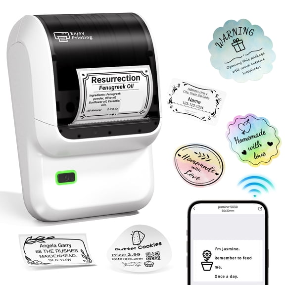 Phomemo M100 Label Maker with 100 Labels,Thermal Bluetooth Label Printer,No Ink 2 inch Barcode Printer with App Control, for Small Business, Clothing Tags,Round Gift Stickers(White)