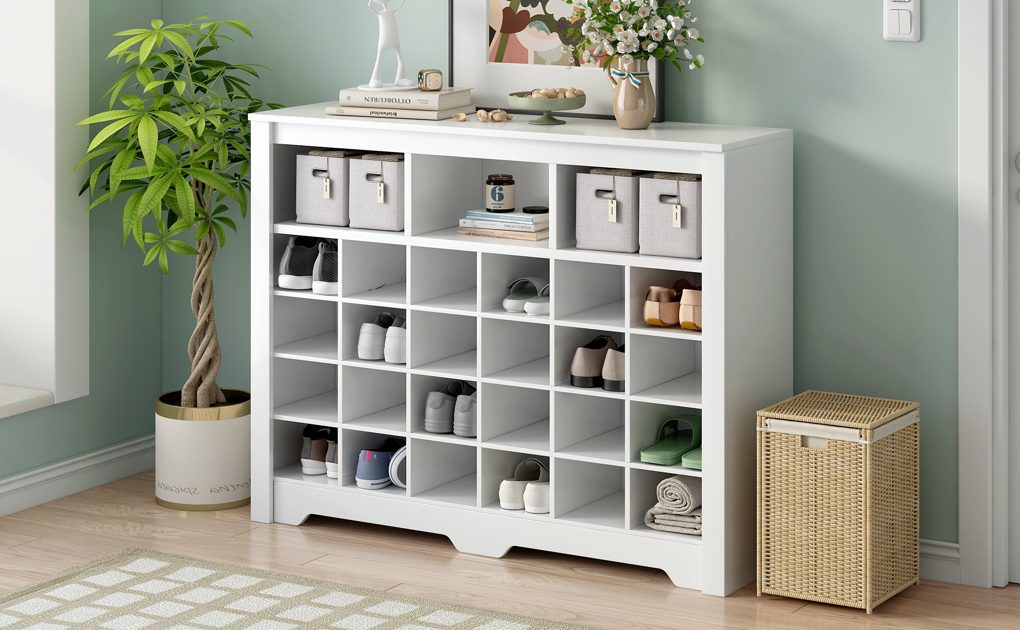 MAYEERTY Sleek Design 24 Shoe Cubby Console, Modern Shoe Cabinet with Curved Base, Versatile Sideboard with High-quality for Hallway, Bedroom, Living Room, White