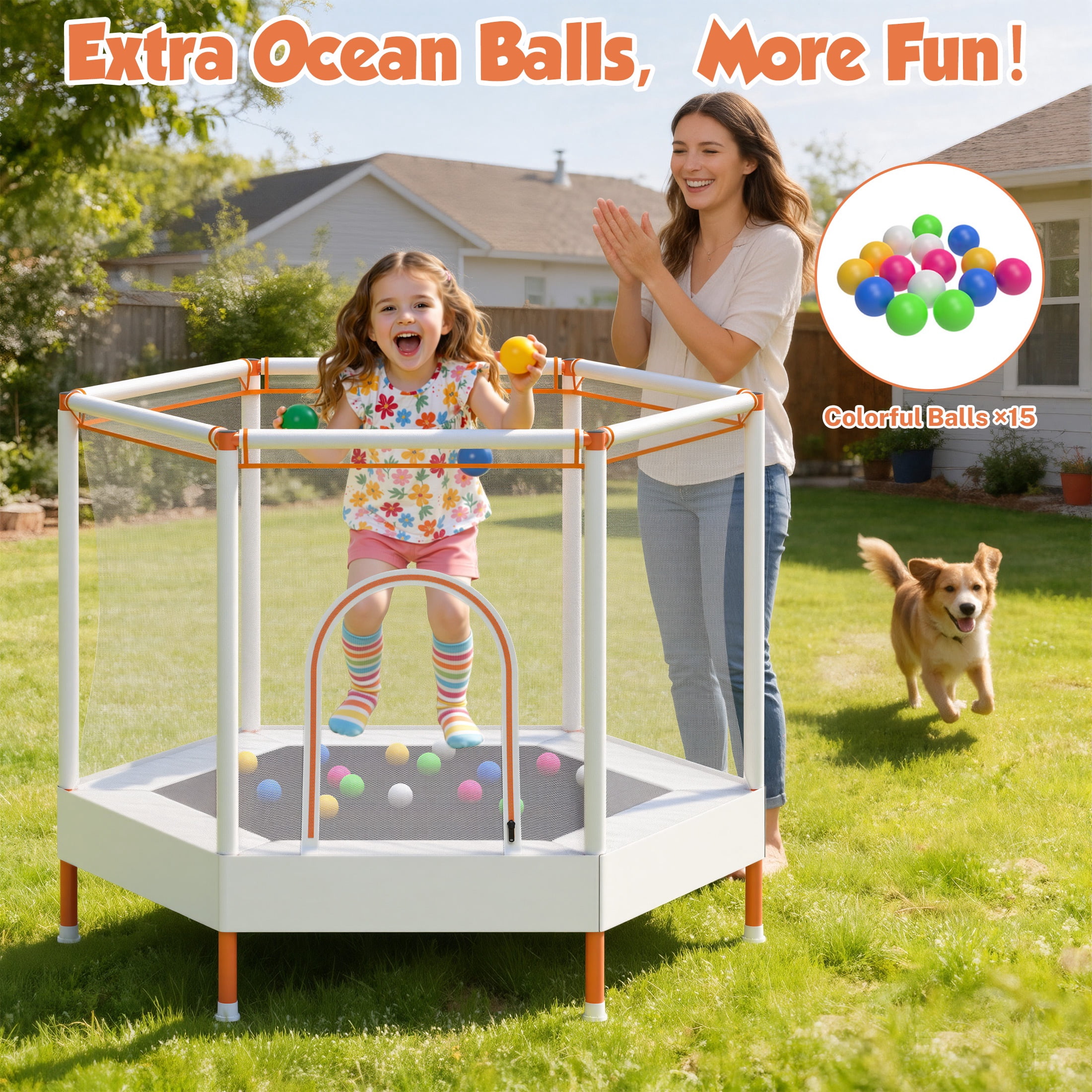 SHINPT 55'' Kids Trampoline with Safety Net, No-Gap Toddler Trampoline Indoor&Outdoor, Mini Trampoline for Kids Ages 3-8, 4.5FT Small Trampoline with Enclosure, Easy Assembly