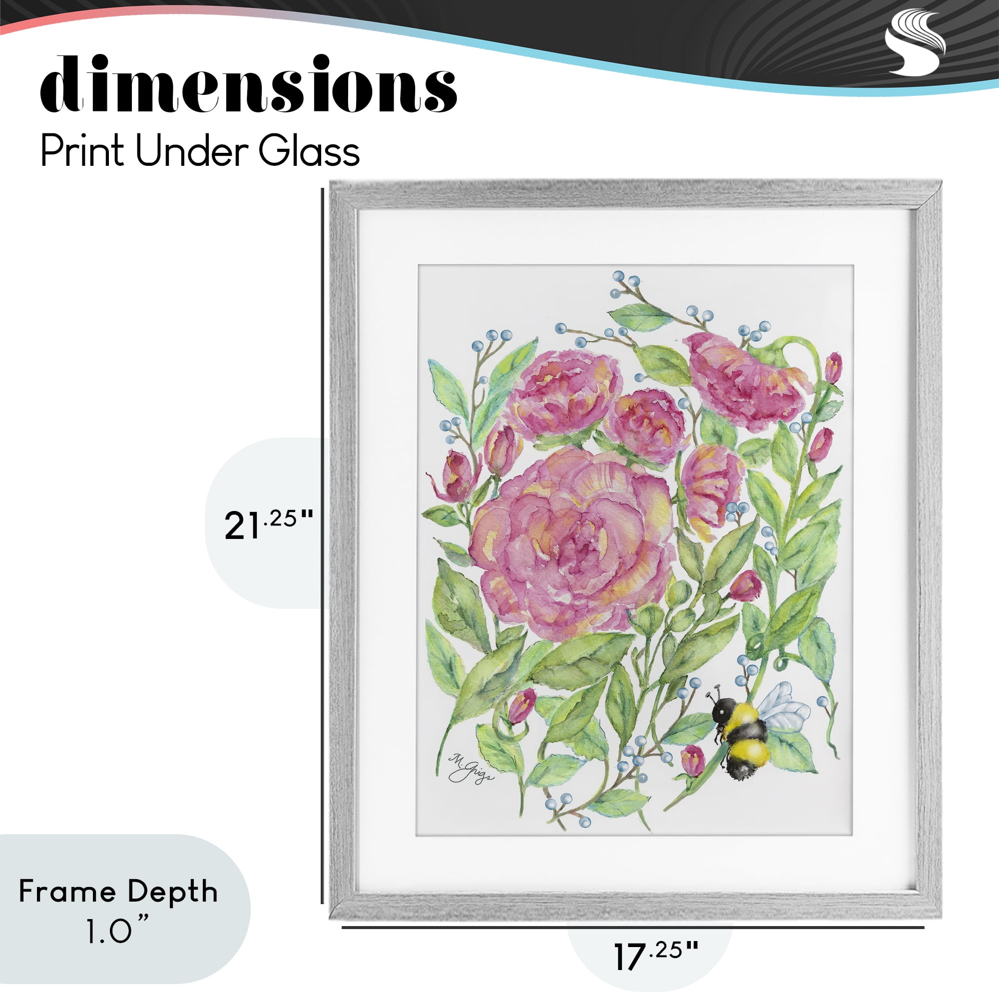 Stupell Industries Peony & Bumble Bee Gray Framed Print Under Glass, design by Maureen Grigs