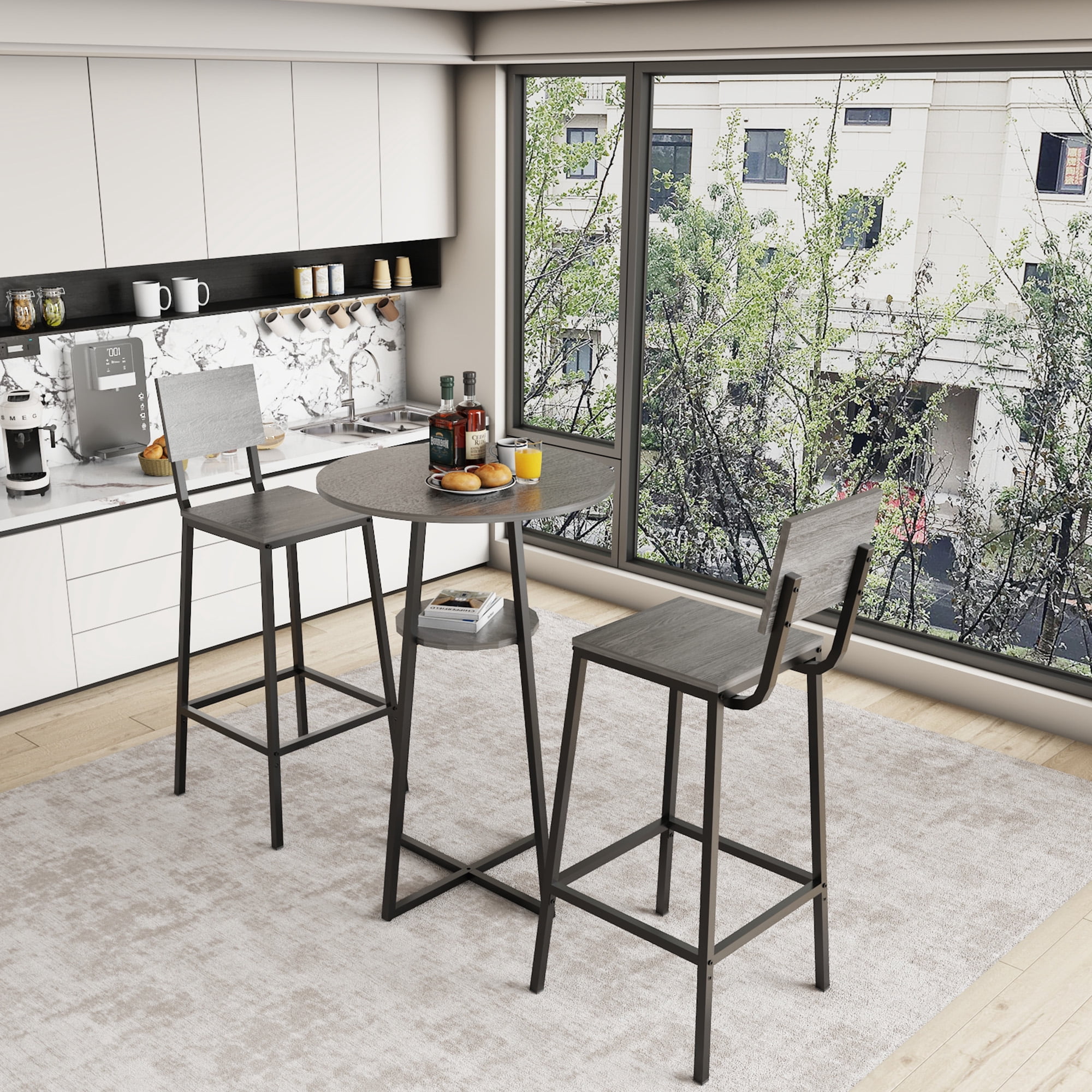 HOQBN 3 Piece Bar Table Set,Round Pub Height Bistro Table with 2 Bar Stools and Storage Shelf, Industrial Counter Height Dining Set for Kitchen, Apartment, Balcony & Cafe,Charcoal grey