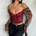 thumbnail image 2 of Retro Bustier for Women, Women Fashion Tops with Embroidery Patchwork Mesh Low Cut Long Sleeved Tops New Plus Size Corset Renaissance Style B-73 Wine XL, 2 of 5