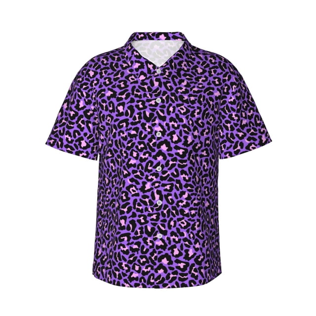Balery Purple Leopard Camisas hawaianas de manga corta para hombre, camisas playeras de corte holgado, camisas de vacaciones con botones,Medium