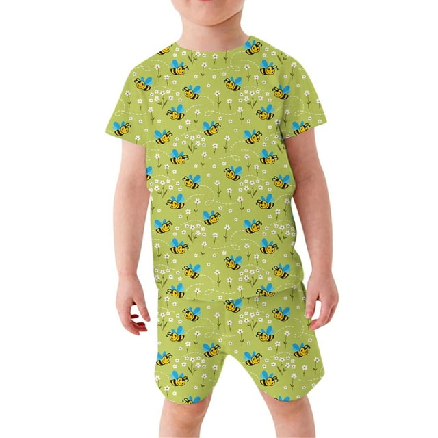 Rovga Tenue d'Été pour Filles 4-5 Ans Ensemble de Pyjamas à Manches Courtes Col Rond Vêtements de Maison T-Shirt Graphique et Short Ensemble de Combinaison Douce Verte pour Tout-Petits