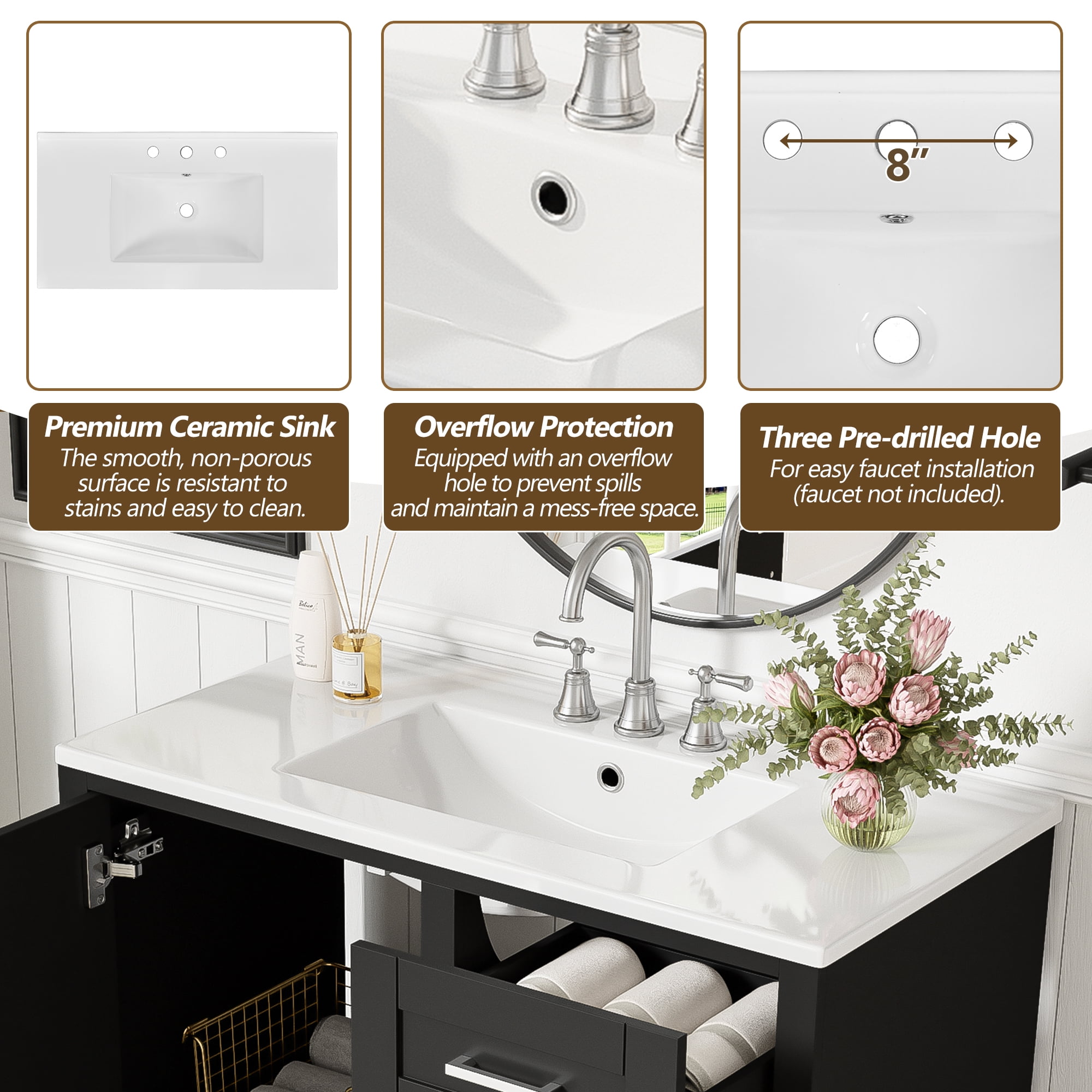 Euroco 36" Black Bathroom Vanity with Solid Pine Frame, 1 Soft Close Door and 3 Drawers , Modern Storage Cabinet