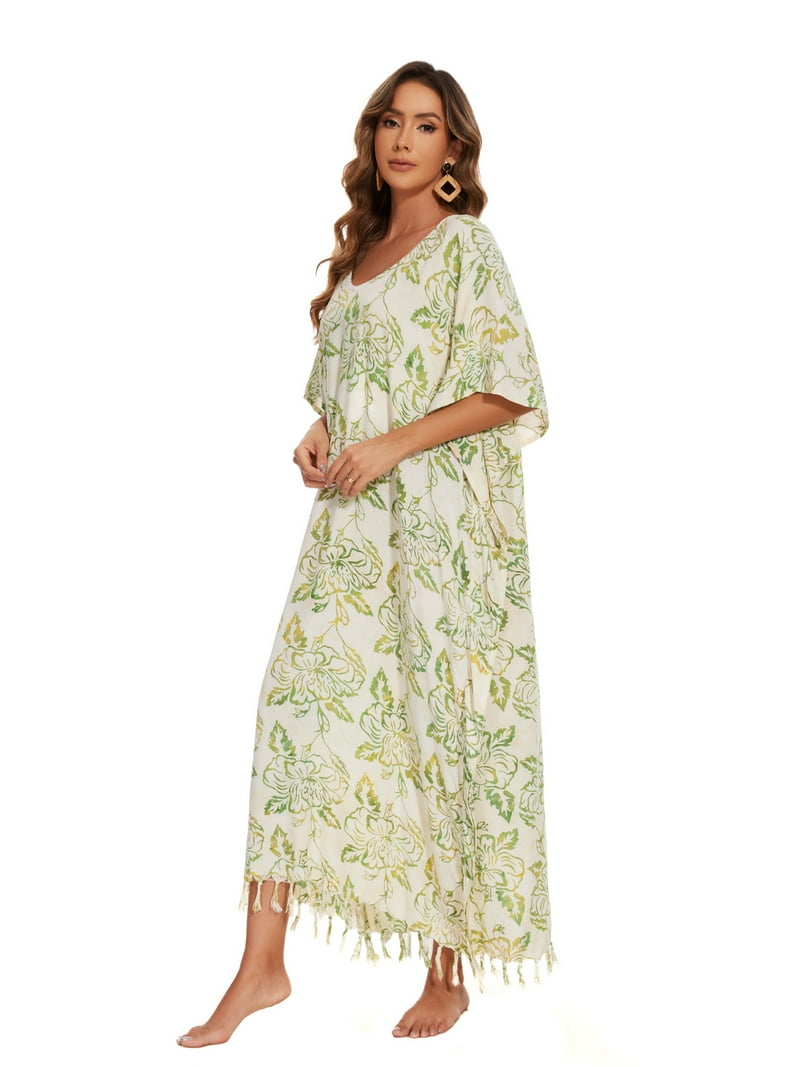 Beautybatik Moss green Women Hand Blocked Batik Rayon Caftan Kaftan Loungewear Maxi Plus Size Long Dress 4X