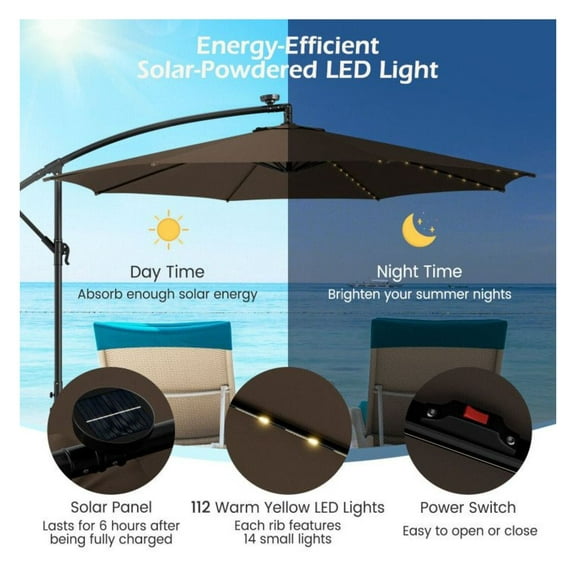 10ft Patio Offset Umbrella with Solar LED Lights, Cantilever Outdoor Market Umbrella with Tilt, Weather-Resistant Polyester Fabric, Metal Ribs for Garden, Deck, Beach