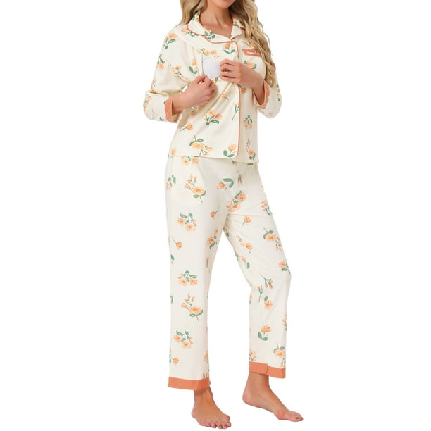 Conjunto de pijama de enfermería para mujeres, algodón, floral, leopardo, de manga larga, pantalones con cintura elástica, ropa de descanso para lactancia, XL, amarillo