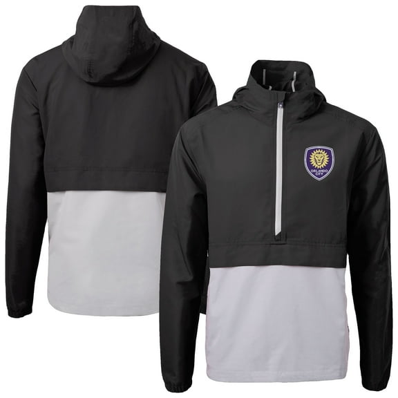 Men's-Cutter & Buck  Black Orlando City SC Charter Eco Recycled Anorak Hooded Half-Zip Jacket