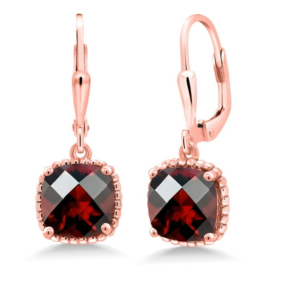 Gem Stone King 5.00 Ct Cushion Checkerboard Red Garnet 18K Rose Gold Plated Silver Dangle Earrings