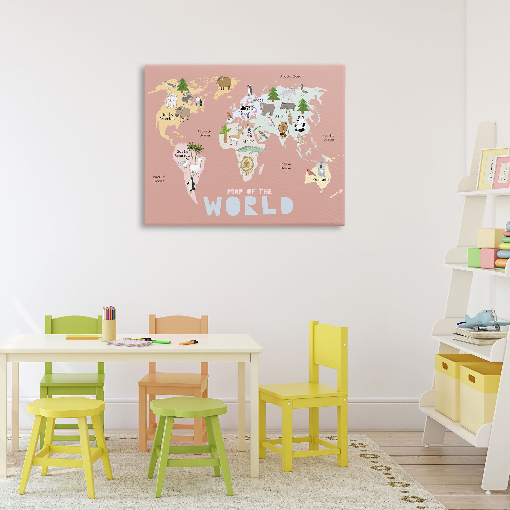 Kid's Map Of World Pink Canvas Wall Art, design by Carla Daly