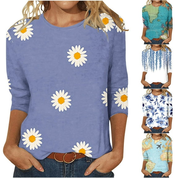 Fesfesfes Workout Shirts for Women Loose Fit Womens Fashion 3/4 Sleeve Retro Round Neck Easter Printed Loose Tops Blouse Lace Short Sleeve Tops for Women XS(US:2)