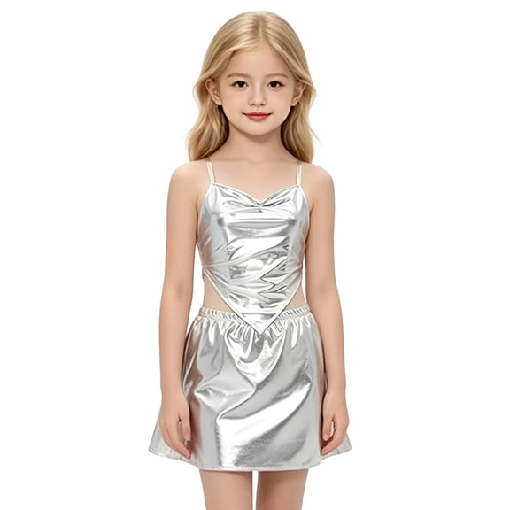 Playtopia Big Kids Metallic Silver Spaghetti Strap Crop Top Skirt 2 Piece Outfit Polyester Stage Set 1PC S-XXL Plus Size Friendly