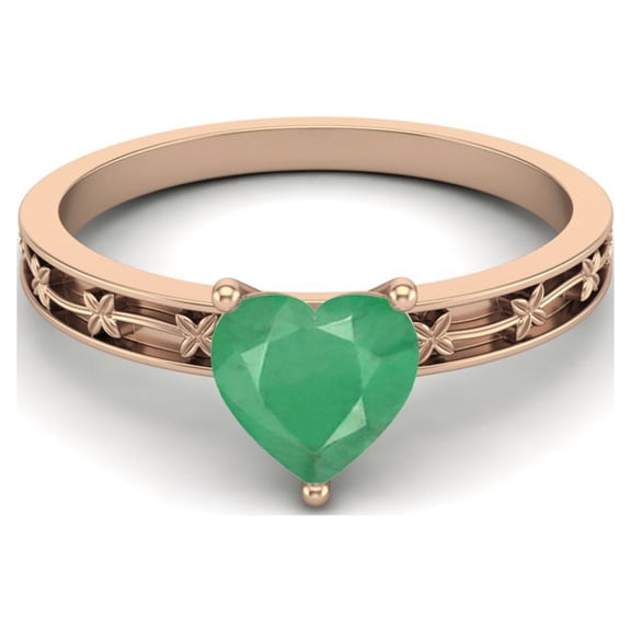 925 Sterling Silver Rose Vermeil 0.75 Cts Heart Shape Emerald Solitaire Flower Engraved Shank Women Mother's Day Gift Ring