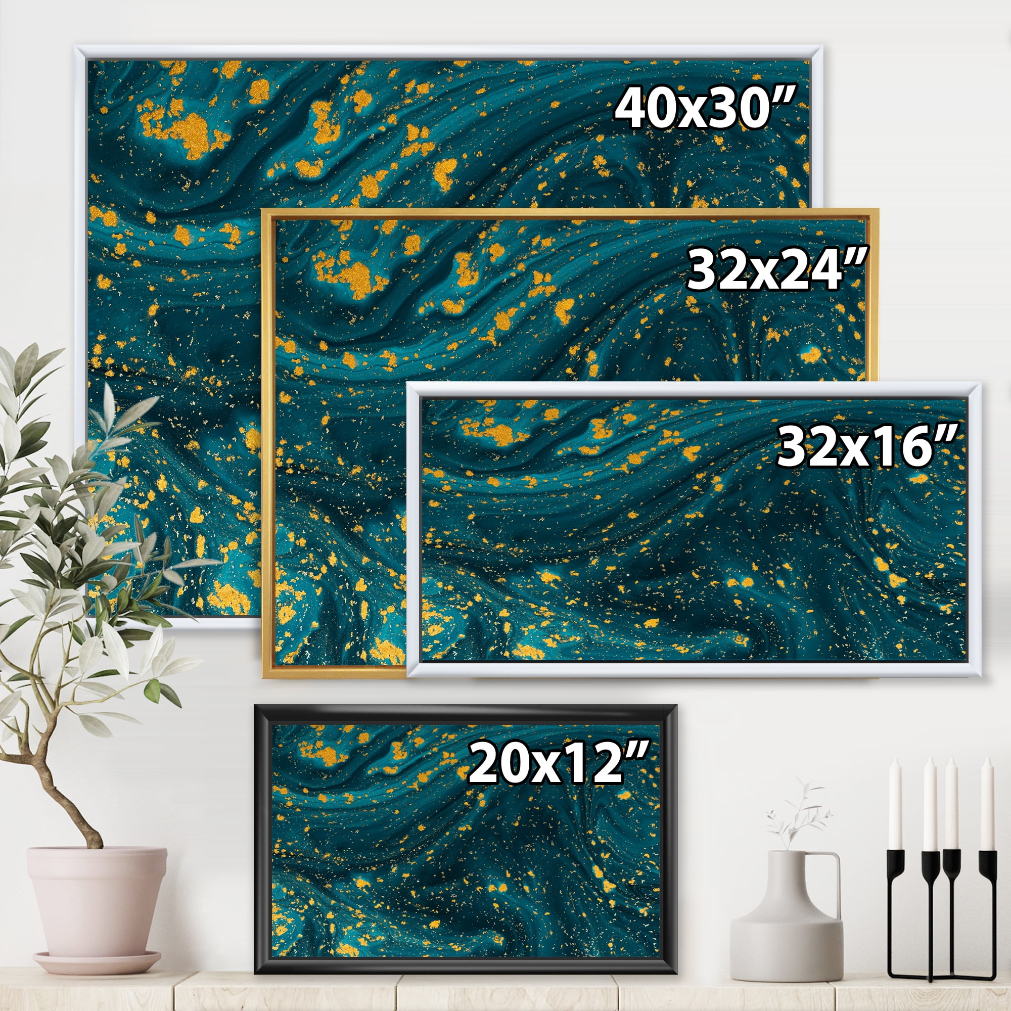 Designart 'Golden Glitter With Dark Blue Marble' Modern Framed Canvas Wall Art Print