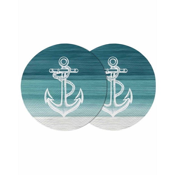 Nautical Anchor Teal Green Round 13 Inch Placemats Set of 2, Coastal Ocean Ombre Striped HeatResistant Non Slip Place Mats for Dining Table, Wipeable Braided Kitchen Table Mats for Housewarming