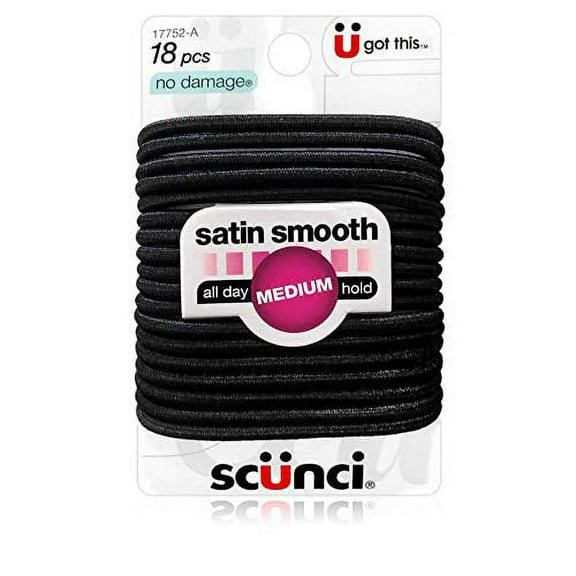 Scunci Satin Smooth No-Damage Hair Elastics, All-day Medium Hold, Black, 18 Count, 2 Pack
